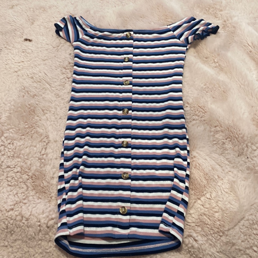 Striped black pink blue white off the shoulder mini dress!